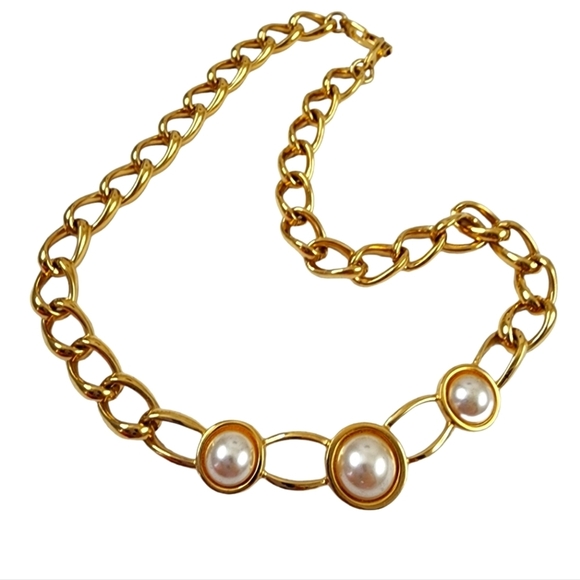 Vintage Napier Chunky Chain Necklace Open Link Cream Faux Pearl Cabochons - Picture 1 of 11